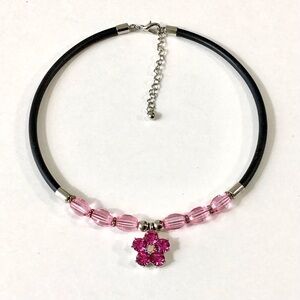 Rhinestone Flower Pendant Necklace Pink Beads Black Cord Adjustable Clasp